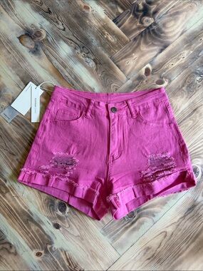 High-Rise Pink Distressed Denim Shorts - Summer Staple